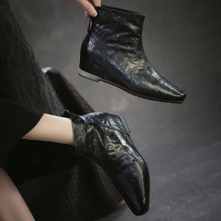 Johnature Genuine Leather Pleated Height-increasing Short Boots Retro Versatile Square Toe Women's Shoes