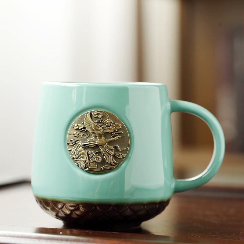 

Xingba Wind Bronze Badge Fish Scale Office Ceramic Mug Coffee Cup Gift Cup 401-500ml