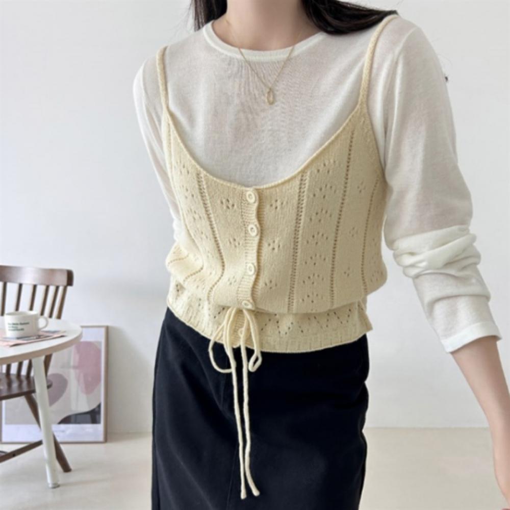 New Arrivals Open Run Women Wool Blend Punching Ribbon Crop Knit Bustier Vest