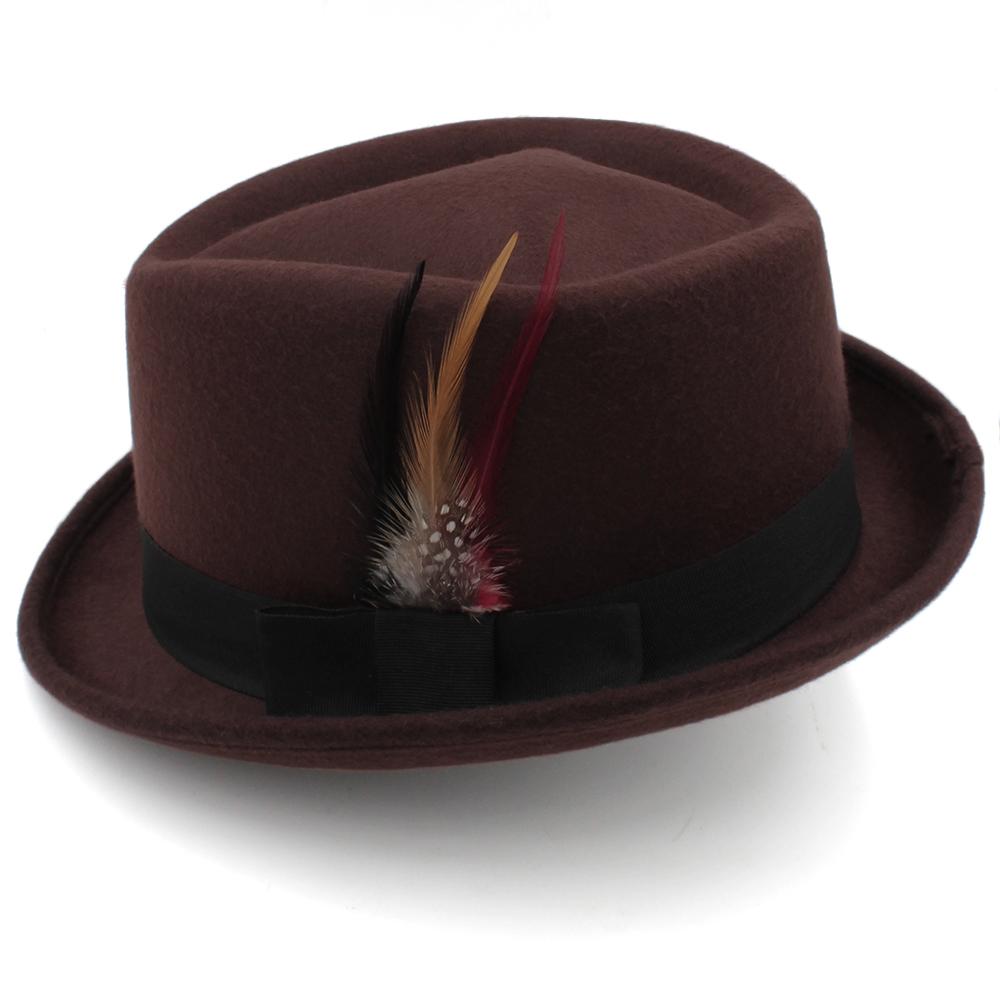 Rhombus Crown Trilby Hats for Men Classic Feather Trilby Fedora Hat Curl Gentleman Fashion Unisex Short Brim Autumn Winter Hat