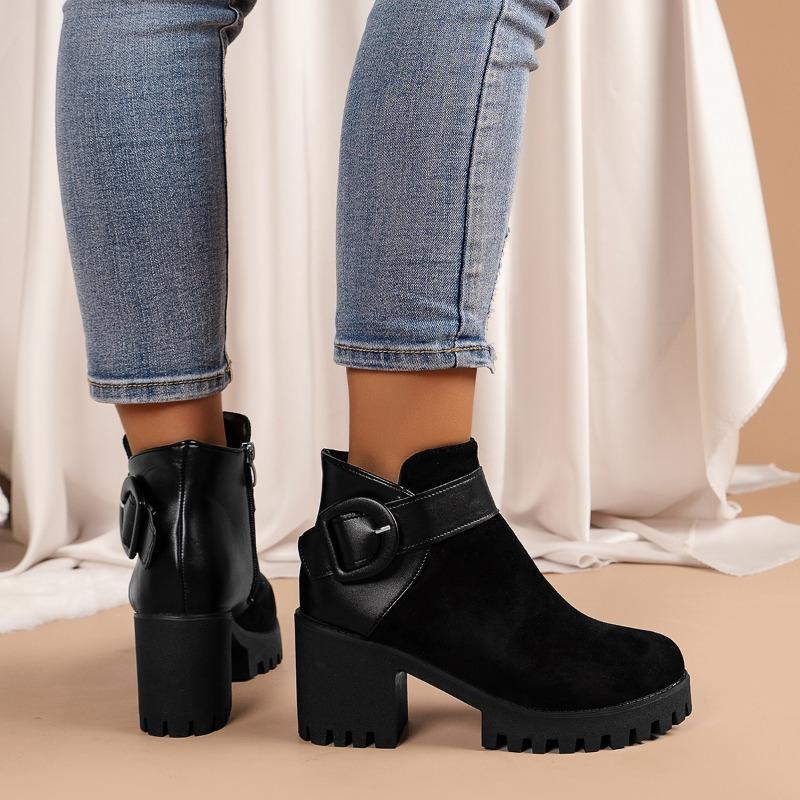 2024 Shoes for Women Side Zip Ankle Women's Boots New Daily Boots Women Belt Buckle Round Toe Chunky Heel Platform Shoes Female
