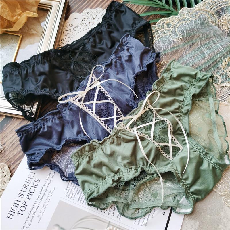 Lace-up Underwear Sexy Seduction Retro Color Ice Silk Briefs Gauze Covered Hip Low Waist Women's Panties