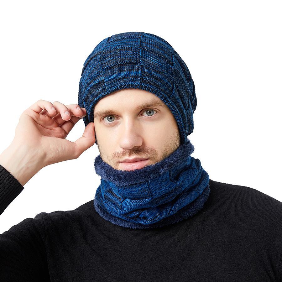 

Autumn and Winter Men s Hats Two-color Square Plus Velvet Knitted Hats and Scarves Two-piece Set Couple Style Pile Hats темно-синий