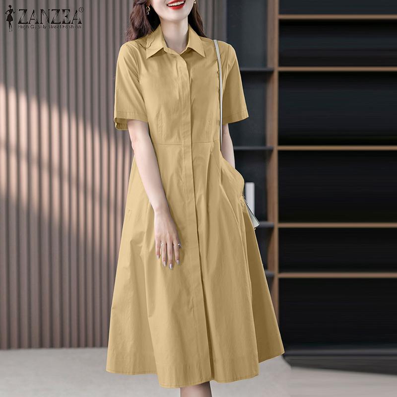 ZANZEA Rochie lejeră cu mânecă scurtă, cu guler răsturnat