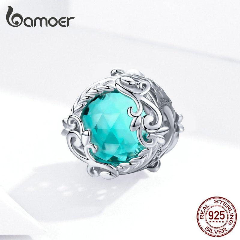 BAMOER 925 Silver Winding Blue Round Beads for Jewelry Making Blue Glass Crystal Charm Fit Bracelet