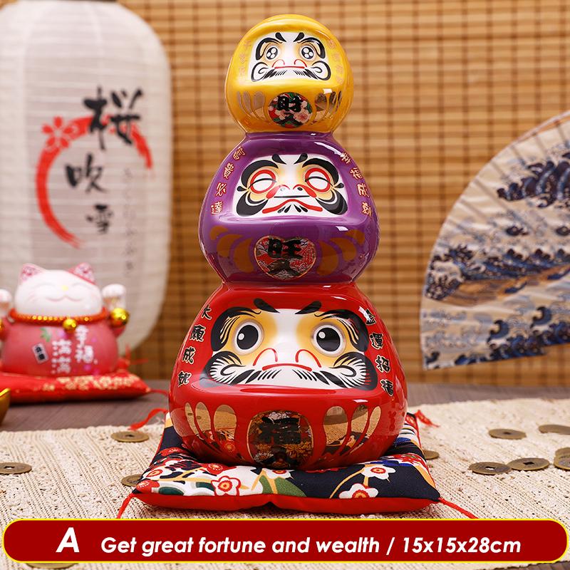 11 Inch Ceramic Daruma Tower Japanese Porcelain Maneki Neko Collectible Figurine Dharma Good Luck Zen Statue Money Box