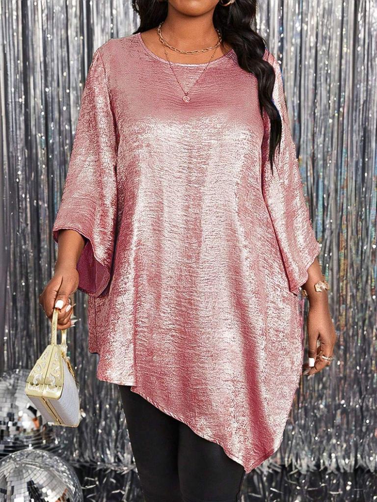 2025 Plus Size Loose Fit Crew Neck Nine-Sleeve Irregular Top for Women