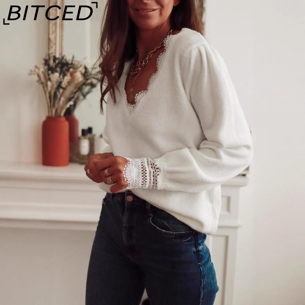BITCED Autumn/Winter Elegant Women's Pullover Top with Lace-Panelled Long Sleeves