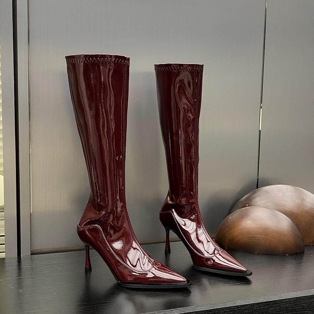 

мода Модные женские сапоги до колена Челси Осень Зима Сапоги 2024 Новые поступления Черный Белый Красный Лакированная кожа Туфли женские 40 250 красный