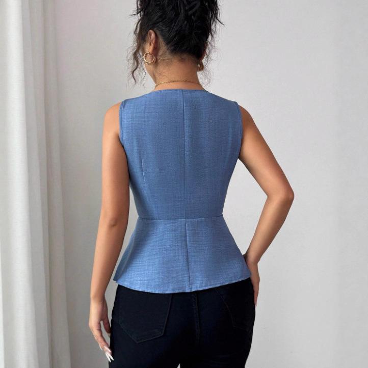 Women Minimalist V-Neck Sleeveless Slim Fit Blouse