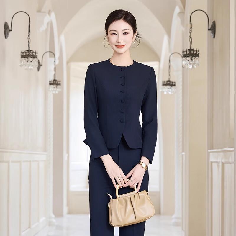 Women's New Chinese Style Dark Blue Professional Suit Set