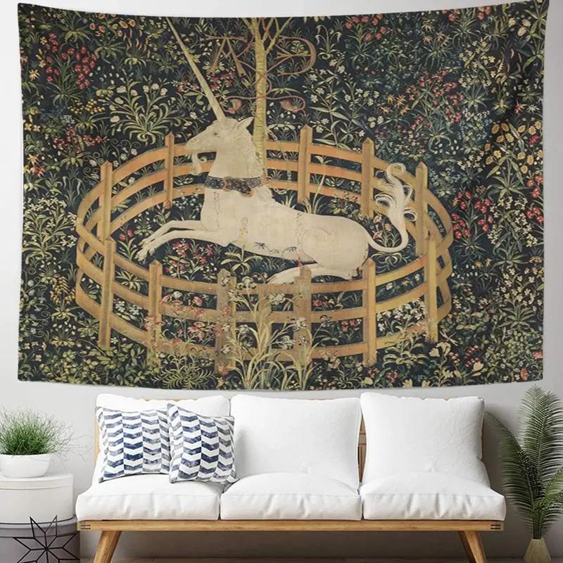 Medieval Unicorn Tapestry Vintage Floral Wall Hanging Polyester Classic Art Decor for Bedroom Living Room
