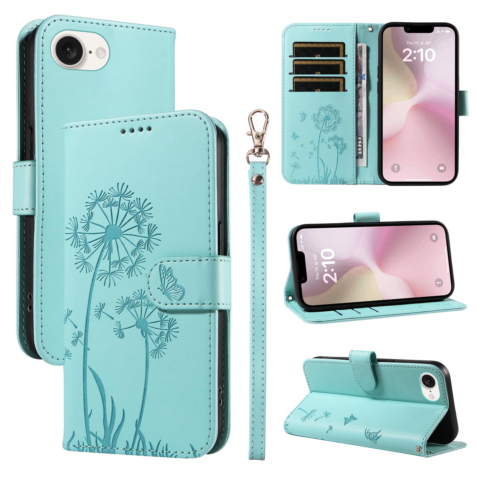 

For iPhone 16e Leather Wallet Case with Strap Dandelion Imprint Phone Stand Cover