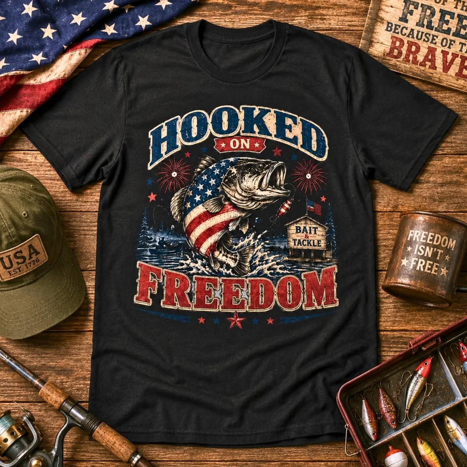 Hooked on Freedom Shirt, Patriotic Fishing Shirt, Bass Fishing Tee T-Shirt S