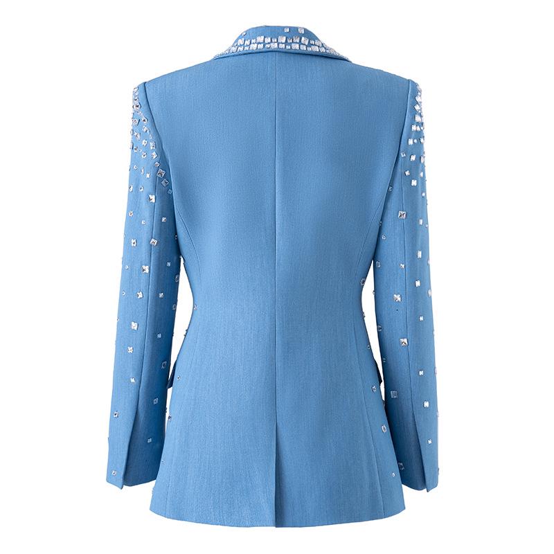European & American Style V-Neck Blue Suit: Slimming, Flattering, Luxurious Nail Drill Jacket for Stage Performance & Parties