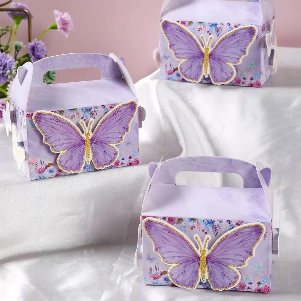 WTEMPO Floral Butterfly Birthday Gift Boxes with Handles Butterfly Floral Treat Boxes Party Favors Packaging Box for Princess Birthday Baby Shower