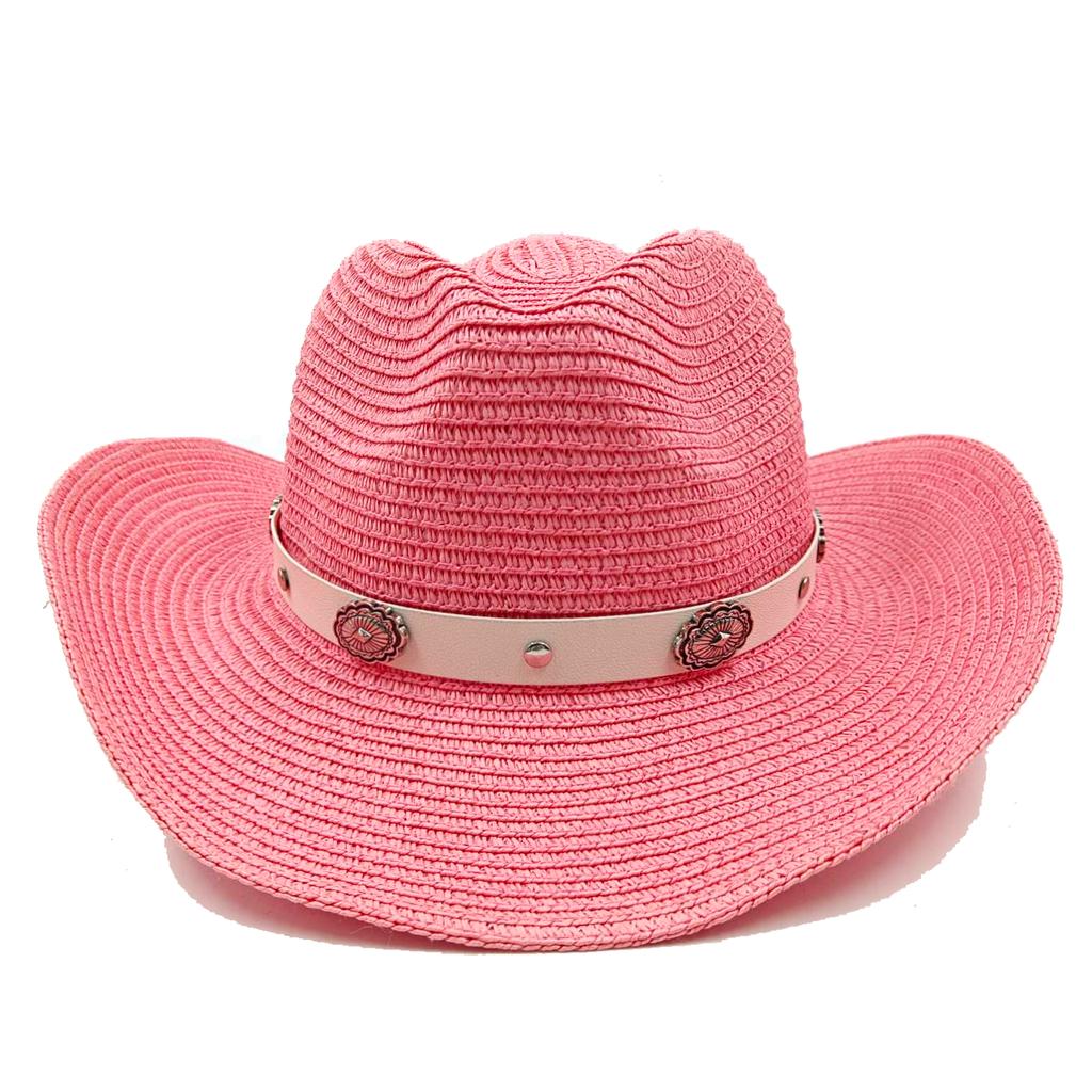 Red Cowboy Straw Hat Men's and Women's Cowboy Straw Hat Monochrome Curled Eaves Outdoor Beach Rider Hat Cowboy Hat