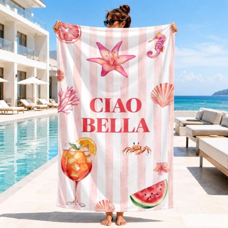 Mint White Vertical Stripe La Dolce Vita Lemon Script Print Microfiber Quick Dry Beach Towel Italian Coastal Holiday Bath Towel