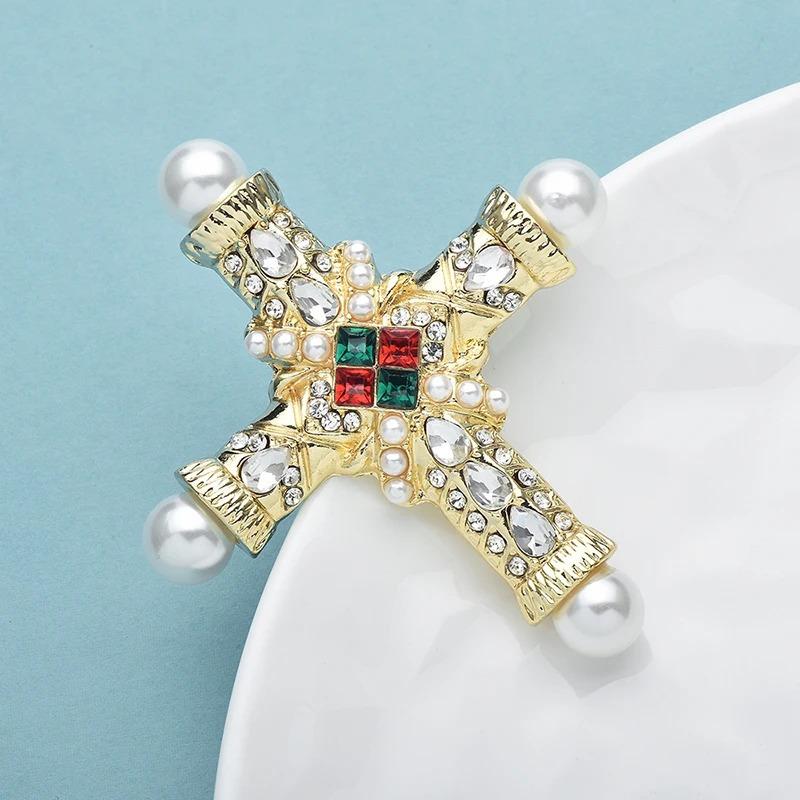 1pc Cross Pearl Brooch, Diamond-encrusted Fashion Vintage Baroque Style Personality Temperament Clothing Accessory