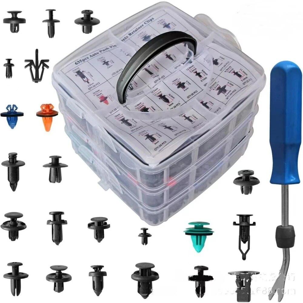 635PCS Automotive Plastic Fastener Kit for Door Trim Panel Bumper Fender Grille Radiator Cover Retainer 45 Tool Trim Removal Set