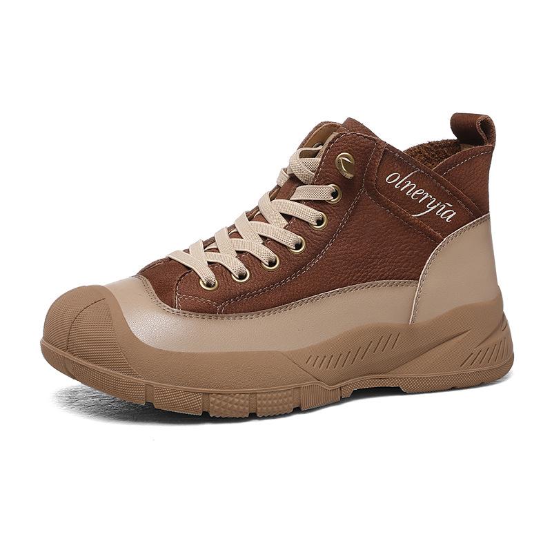 Golden Rabbit Genuine Leather High-Top Thick-Soled Women's Sneakers - 2025 Autumn/Winter Round-Toe Lace-Up Sports Casual Shoes.