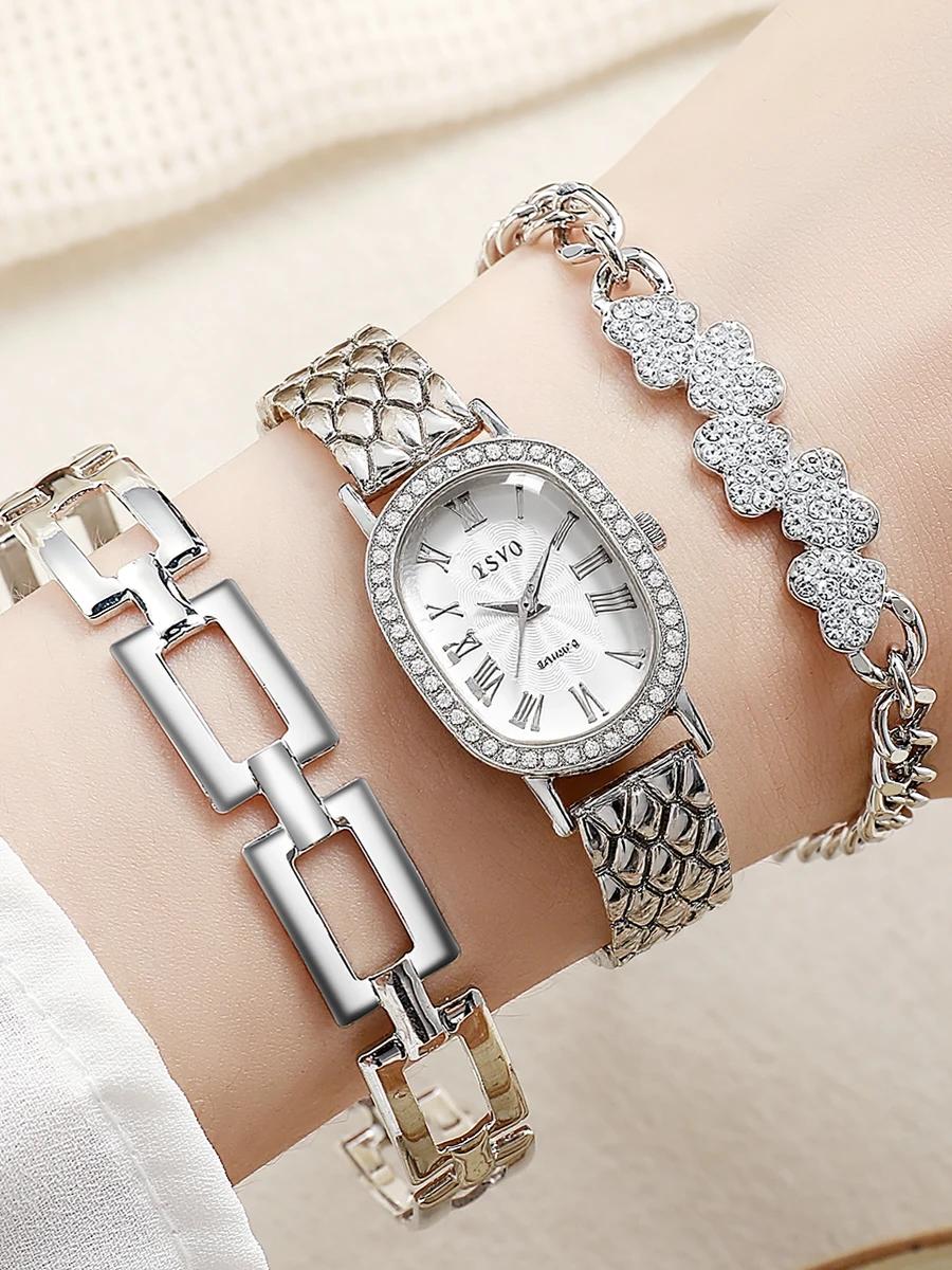 

Fashion Light Luxury All-match Steel Band Oval Dial Women Quartz Watch Bracelet 3-piece Set, Suitable for Thanksgiving and Chris
