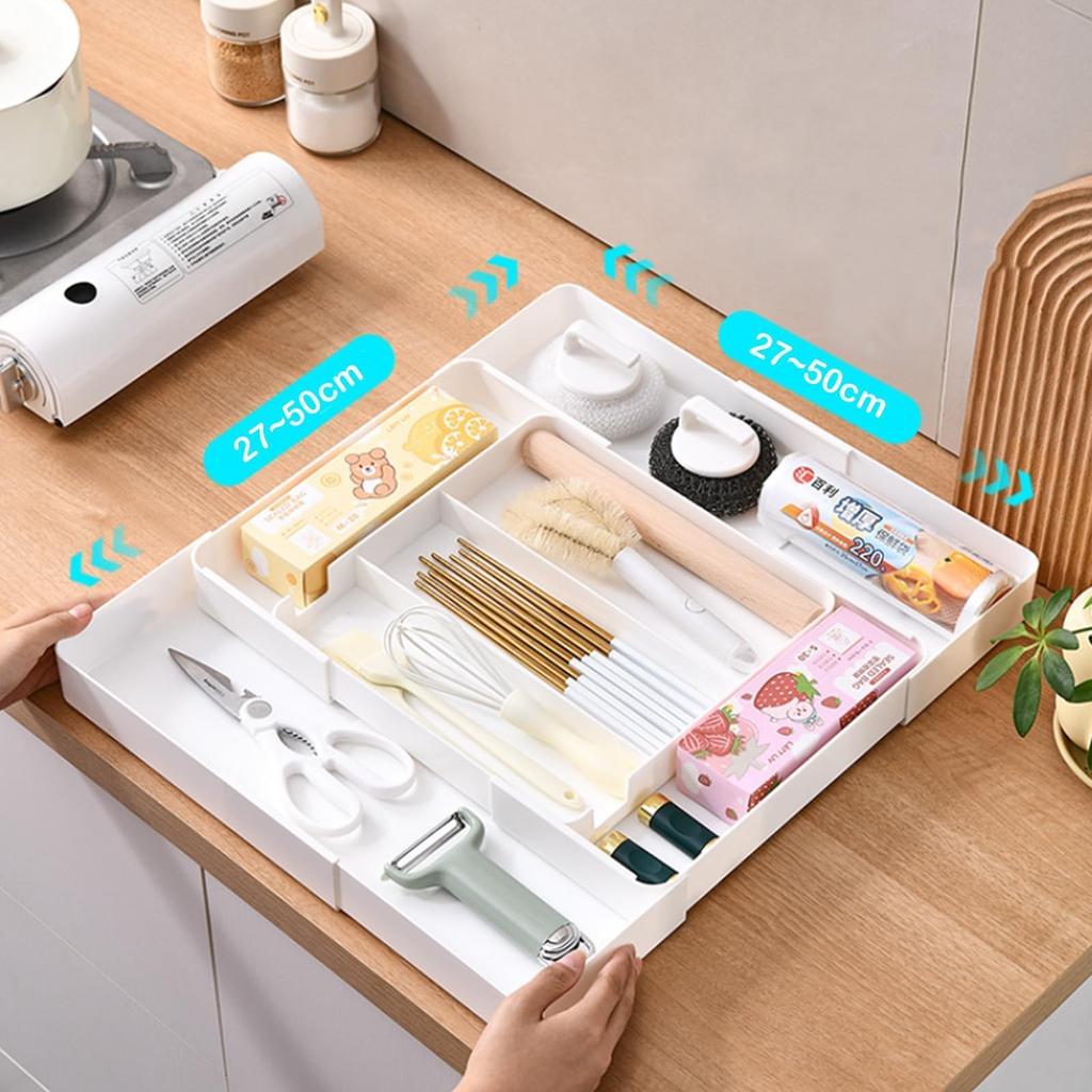 PakOne Cutlery Expandable Cutlery Dish Kitchen Easy to Small Item Cosmetics Storage Box Expandable Case, 2-Sided Drawer, Tray, Tray, Expandable,