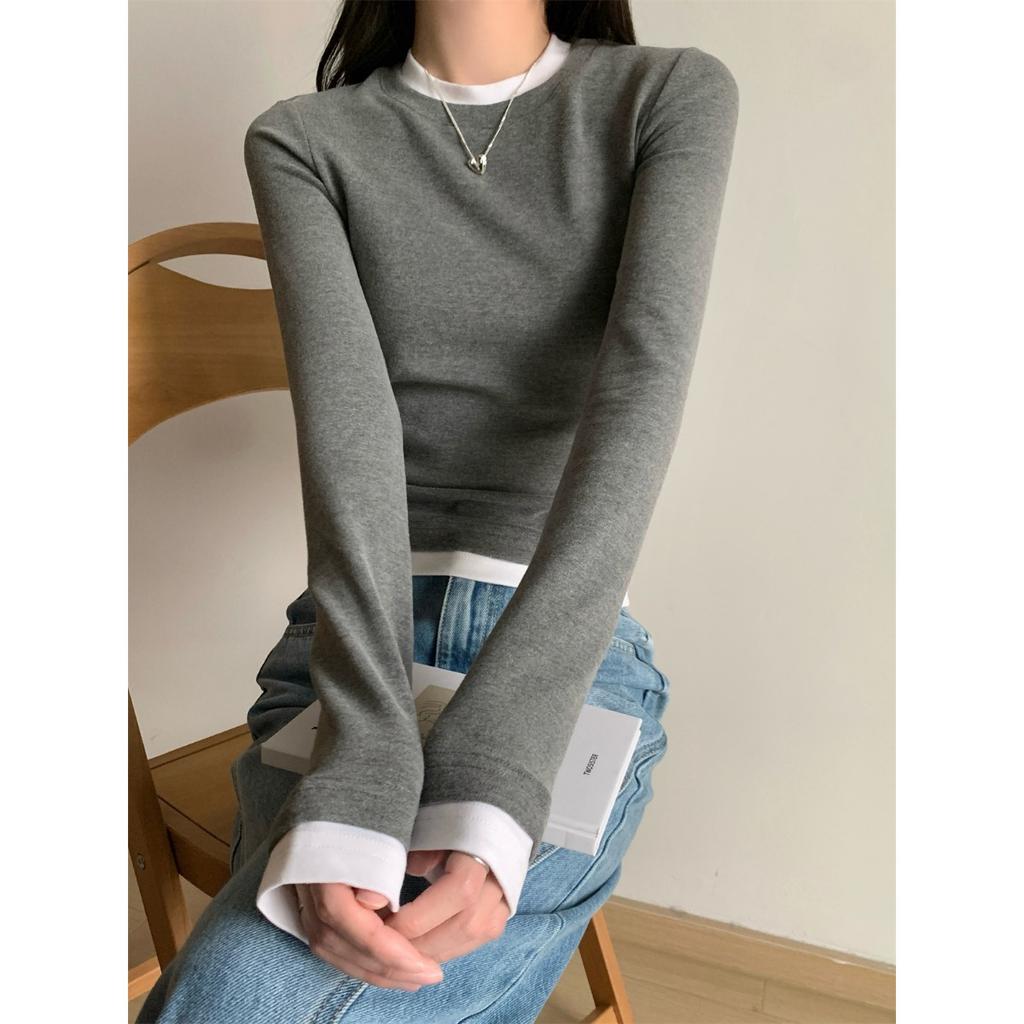 Design Sense Tricouri cu mânecă lungă slim fit două piese false pentru femei, toamnă gât rotund pulover versatil