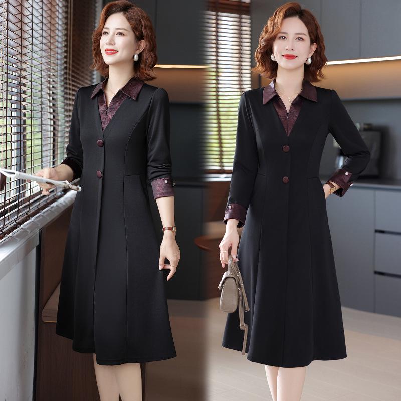 2026 Stylish Patchwork Lapel Dress for Middle-Aged & Elderly Women - Slimming Midi for Spring & Autumn