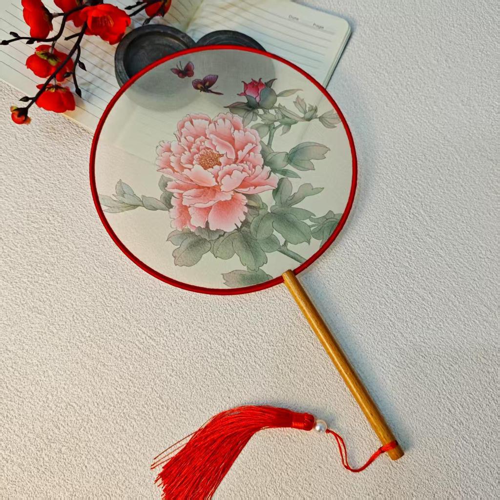 Klassischer doppelseitig bestickter Pfauenfächer - Traditionelles rundes Suzhou Hanfu Tanzaccessoire