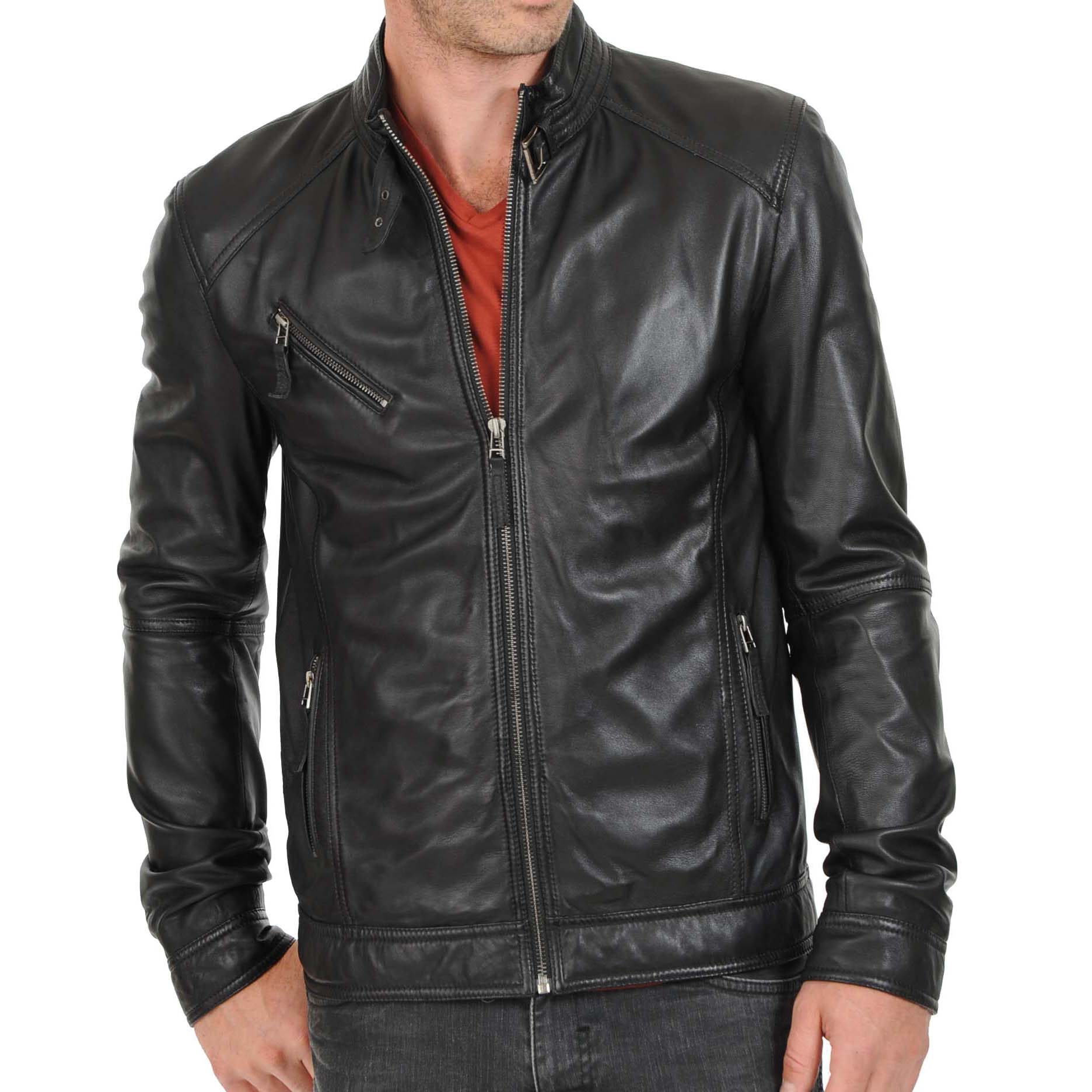 

SkinOutfit Men s Genuine Lambskin Black Leather Jacket Stylish Motorcycle Bomber Biker Outerwear MJ 47 XS