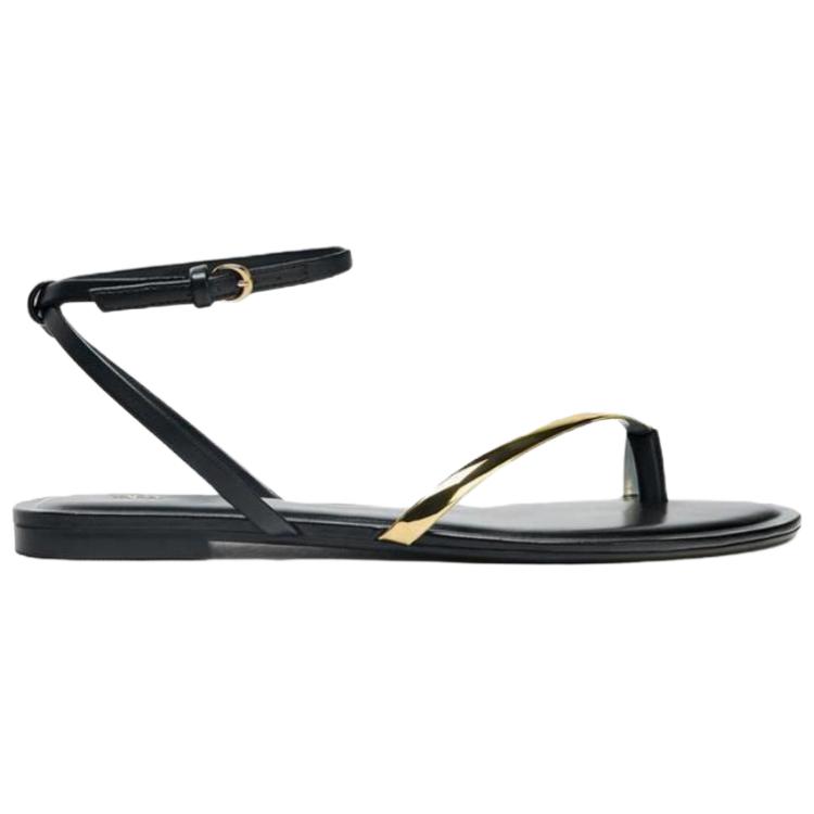 Zara Pu Vintage Open Toe Detail Flat Sandals Women sandals Black 1620610800