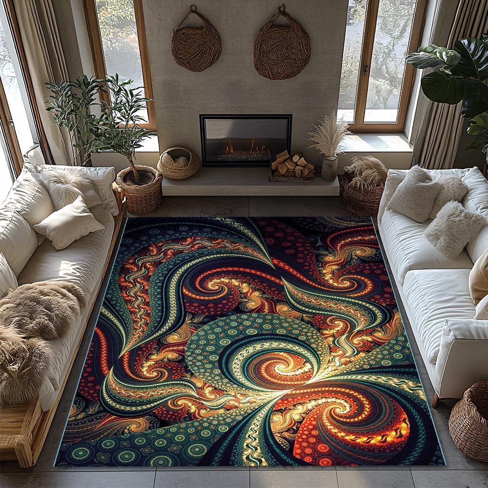 Psychedelic Swirl Area Rug, Multicolor Bohemian Carpet with Spiral Pattern, Plush Non-Slip Living Room Mat for Vibrant Decor