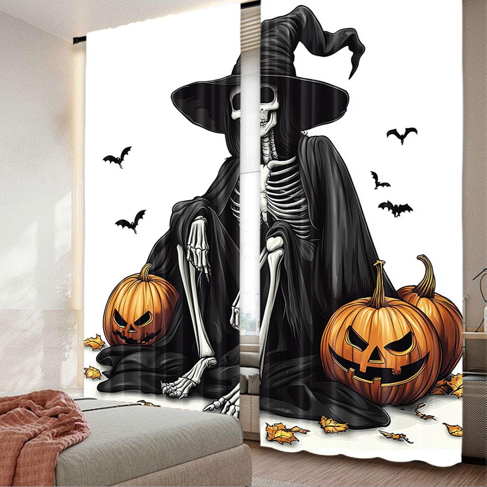 

2Pcs Horror Halloween Witch Skeleton Curtain Evil Bat Pumpkin Decoration Window Drapes For Halloween Party Home Office Classroom 29x65in(75x166cm)