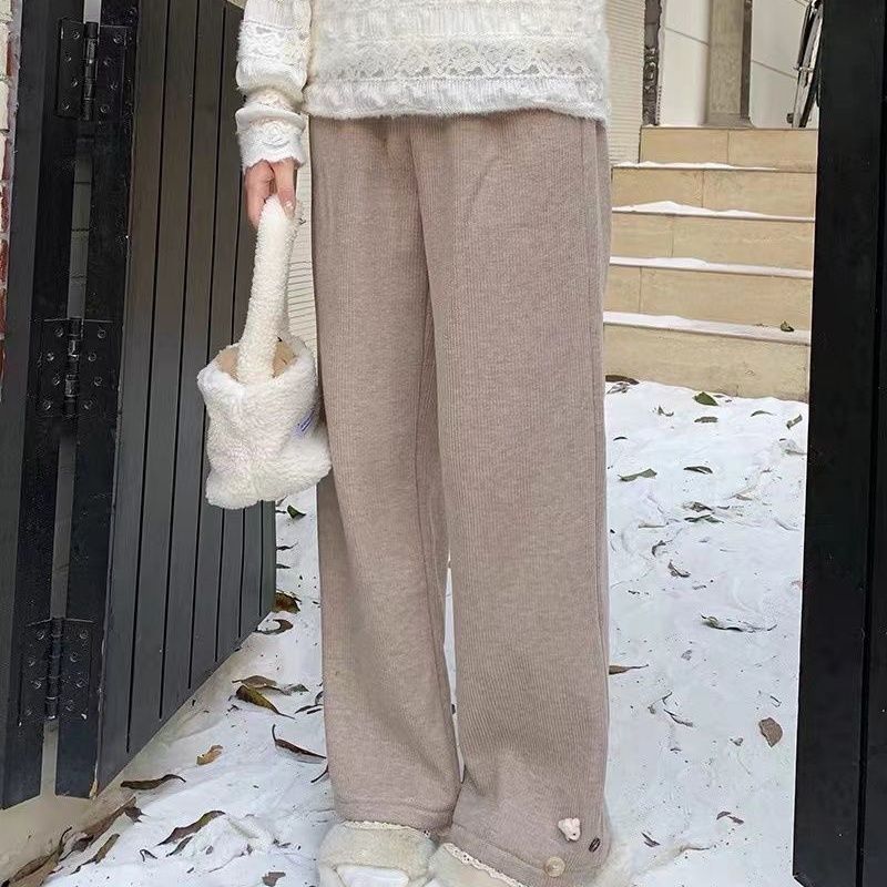 Women's Cotton Cute Straight Pants Fall and Winter High Waist Casual Trousers Street Drawstring Straight Pants