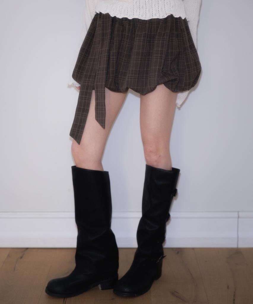 ROSEFRANTZ Balloon Check Belted Miniskirt [Brown]