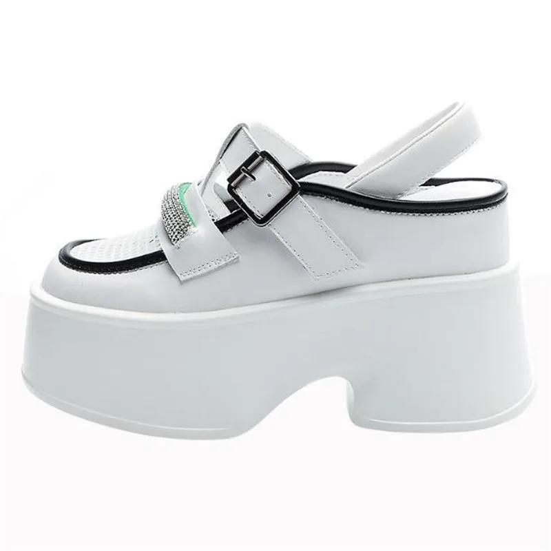 Fashion 11cm Air Mesh Genuine Leather Platform Wedge Sneakers Women Breathable Casual Hollow Chunky Summer Slippers Slides sandal