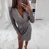 Women's New Solid Color V-Neck Sexy Sequined Lace Mesh Stitching Hem Slit Dress
