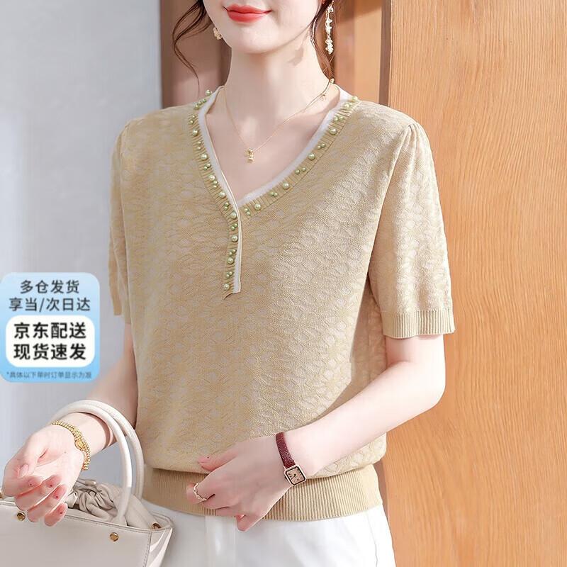 XUEXI Women s Ice Silk V-Neck Short Sleeve Blouse XL
