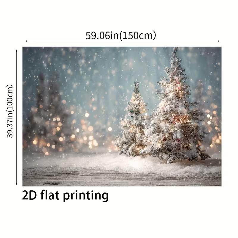 2D Cozy Snowy Christmas Photography Backdrop, Pastel Winter Scene with Snowy Trees & Lights