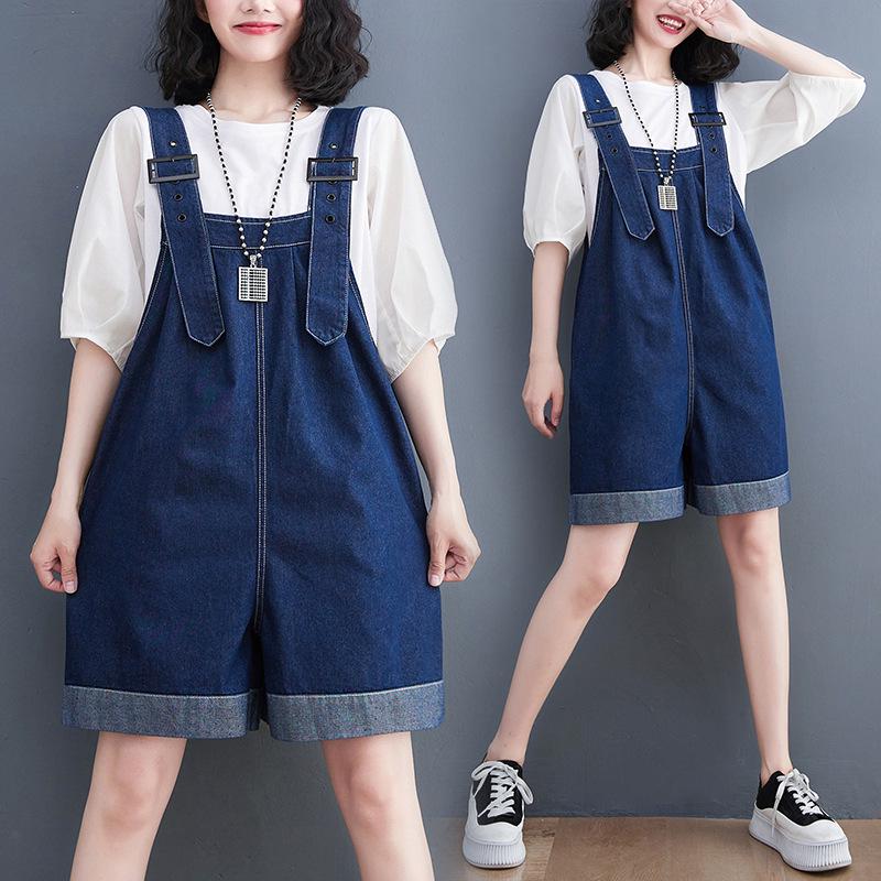 2026 Summer Washed Denim Casual Slimming Plus Size Five-Point Overalls Dress M