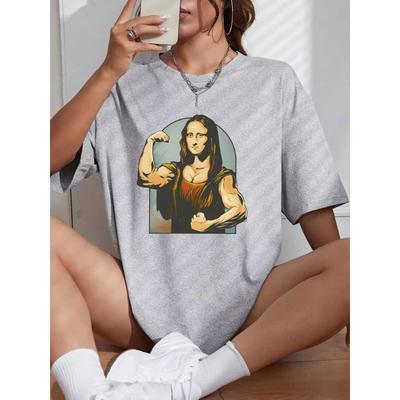 Sommerkleidung Spielen mit Mona Lisa Fitness-Print Damen-T-Shirt Locker Lässig T-Shirt Baumwolle Locker Streetstyle Retro