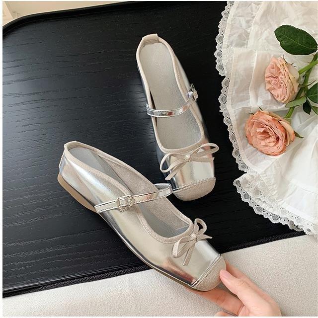 

Балетки серебристые полудраг внутренние увеличивающие рост бант французские весенне-летние шлепанцы с маленьким легким вырезом квадратный носок одинарная обувь 40