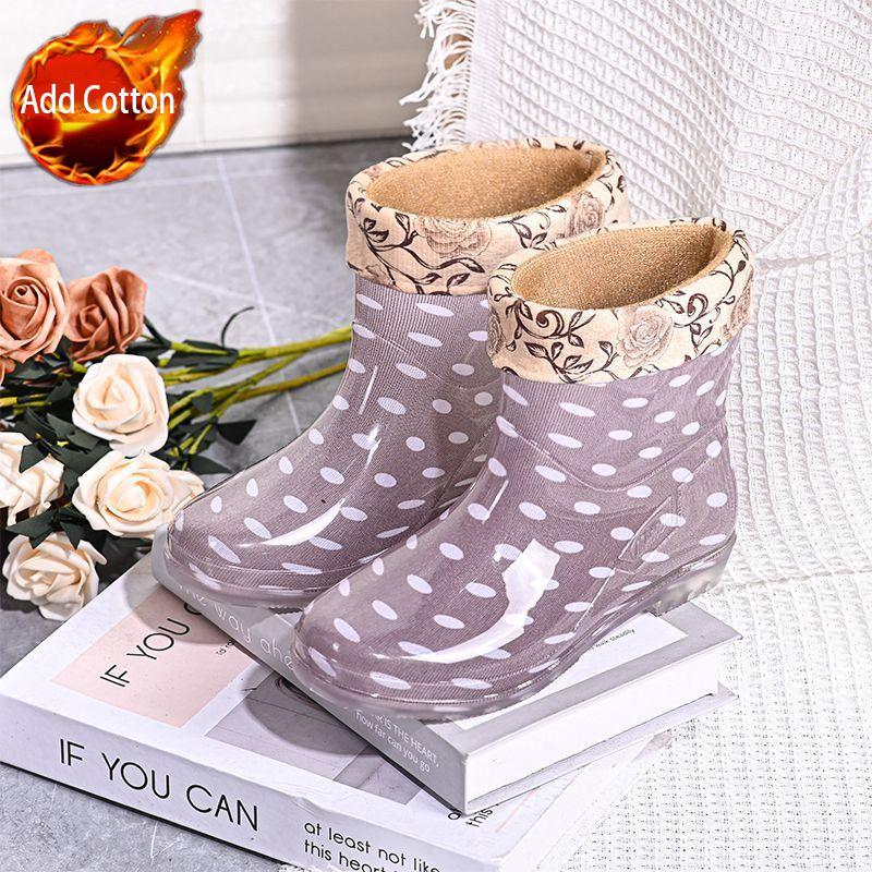 Women's Waterproof Short Shaft Rain Boots Fleece-Lined Anti-Slip Warm Rubber Boots for Kitchen & Outdoor Stylish Adult Footwear