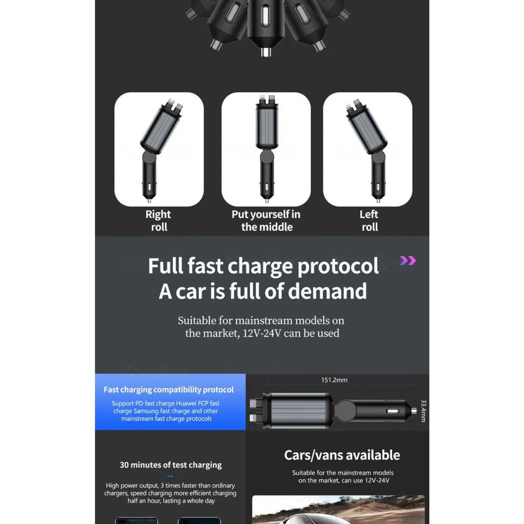 Upgraded 120W PD+USB Quick Charger with 2 Retractable Cable Fast Charging Car Phone Charge W/ Ambient Light 4 In 1 Power Adapter