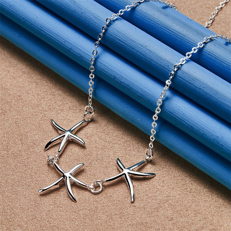 925 Sterling Silver Shiny Exquisite 3 Starfish Necklace Women Fashion Party Wedding Gift Jewelry