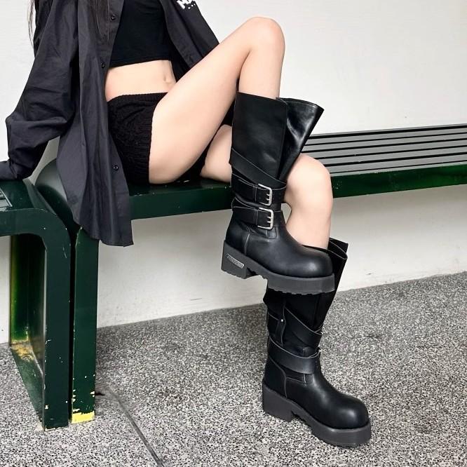 Bajia Retro Belt Buckle Venom Boots 2025 Summer New Bundle Mouth Big Tube Circumference Thick Bottom Heightening Punk Locomotive Boots