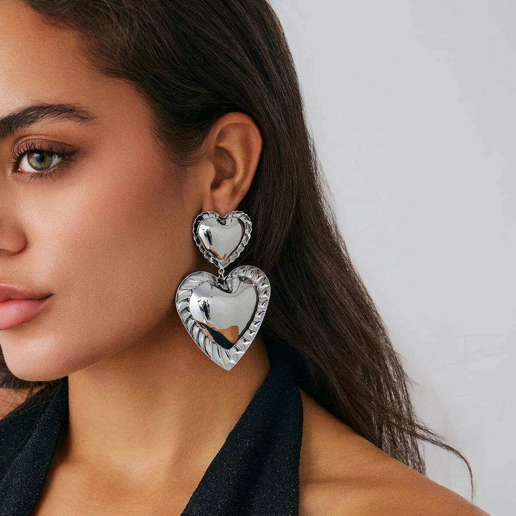 Salircon Vintage Metal Double Heart Drop Earrings Women Exaggerated Gold Color Large Love Personality Earring Party Jewelry Gift