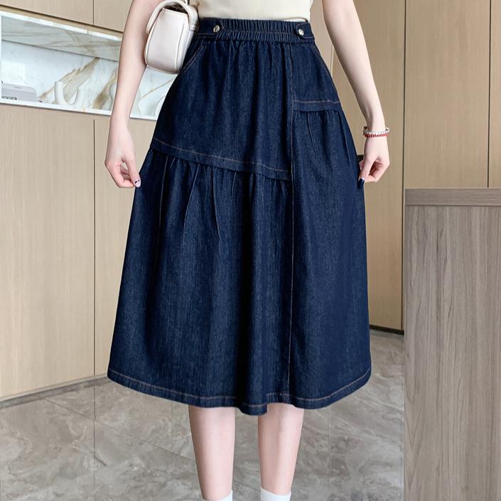 Dimanaf Plus Size New Spring Denim Skirts Women A-Line Clothing Fashion Loose Pleated Skirt High Waist Vintage