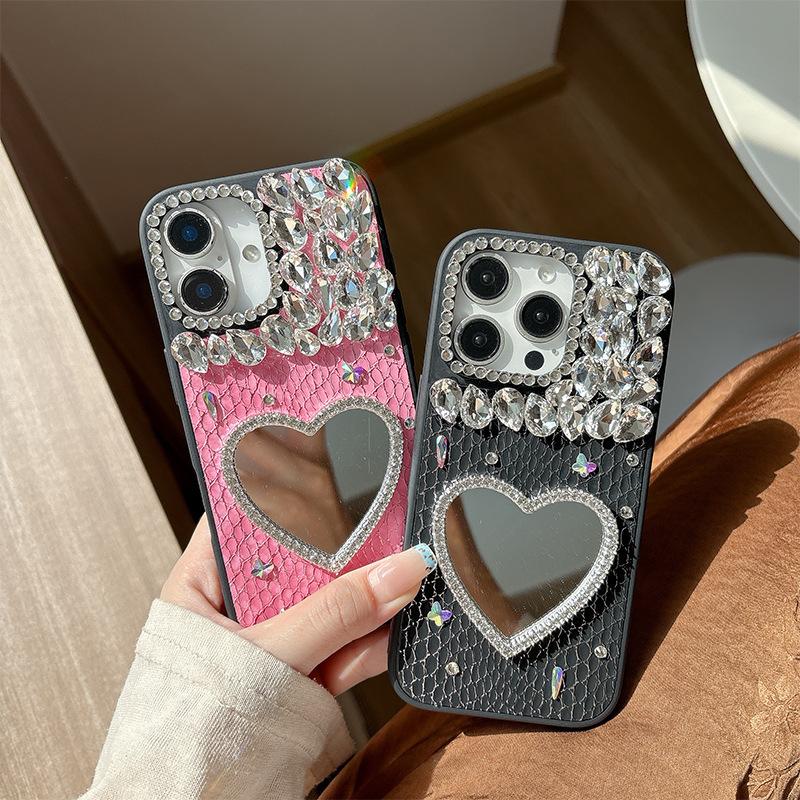 Rhinestone Love Mirror Mobile Phone Case for IPhone17promax Leather for Apple 16 Women's Model 15 Personality